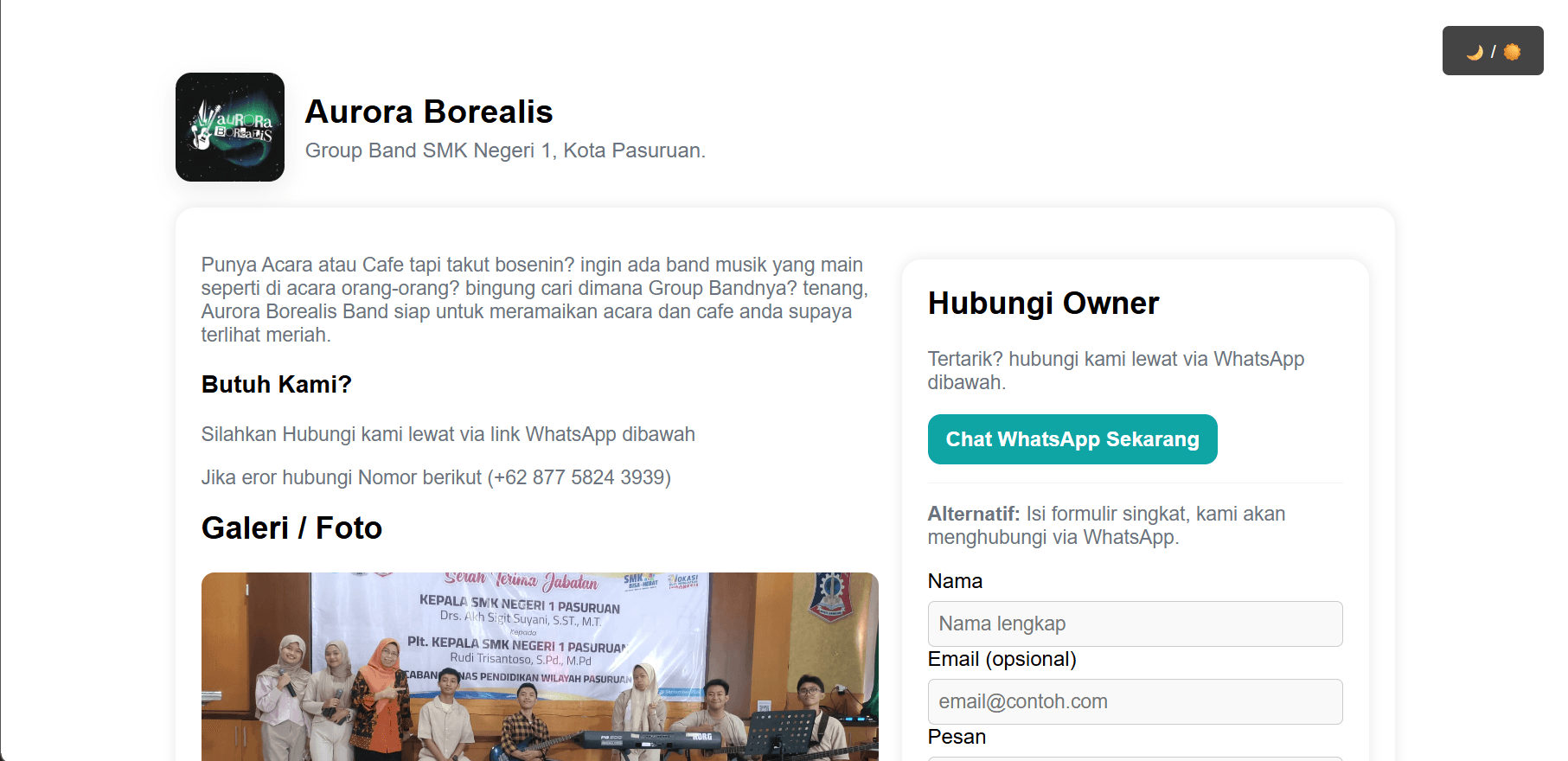Screenshot antarmuka dan preview proyek Aurora Borealis-Official Band Website